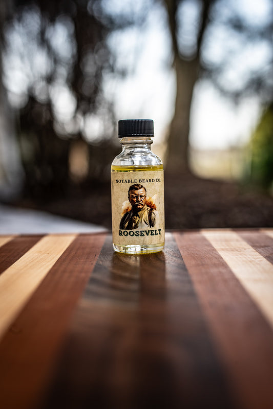 Bottle of Roosevelt brand product on a wooden surface with a blurred natural background